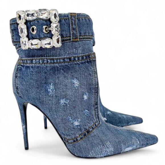 NWT DOLCE & GABBANA Dark Denim Patchwork DGLogo Rhinestone Ankle Boots S… - Picture 4 of 12